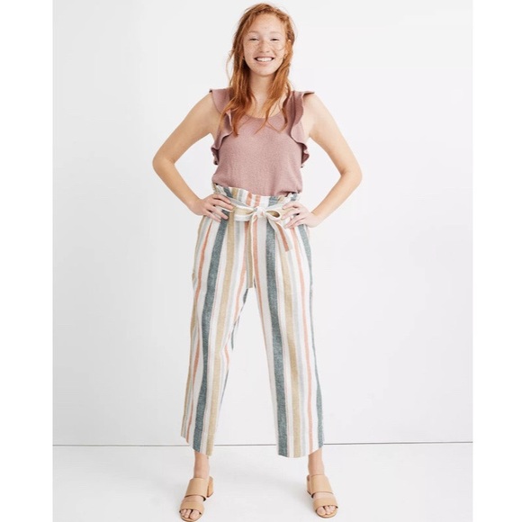 Madewell Pants - Madewell Tie-Waist Huston Pull-On Striped Linen Blend Crop Pants